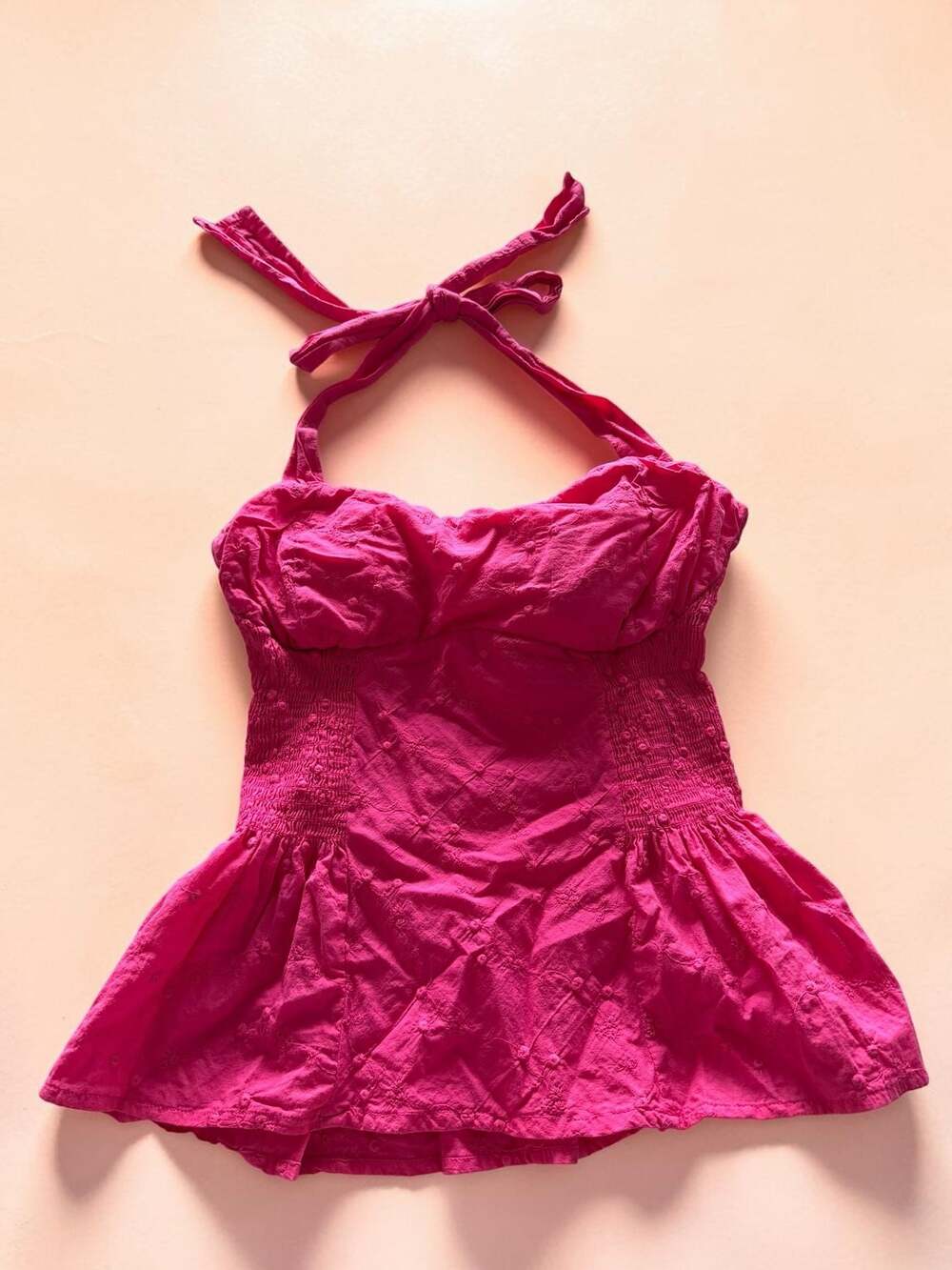 Poetry Clothing Pink Eyelet Cotton Halter Babydoll Top - Size Large